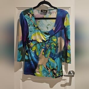 Bali Floral Scoop-Neck Blouse in Teal, Blue, Yellow